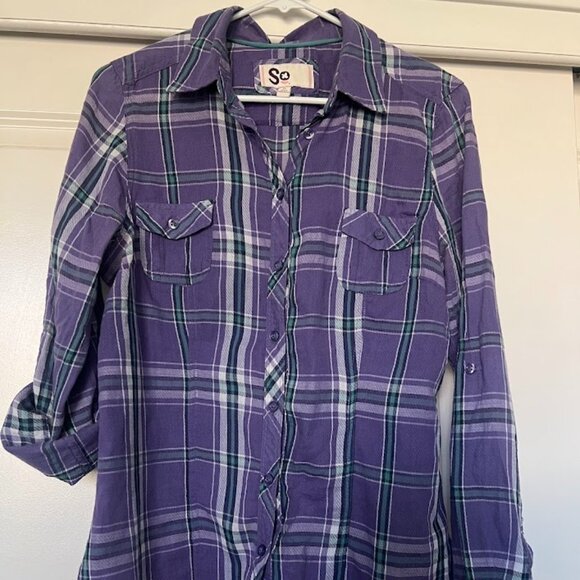 SO Purple Flannel Button Up Long Sleeve Roll Tab Shirt Size XL - Picture 1 of 10